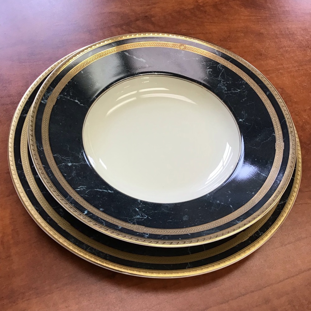 Vintage Oscar de la Renta Gold Black Travertine Soup & Dinner Plate Set